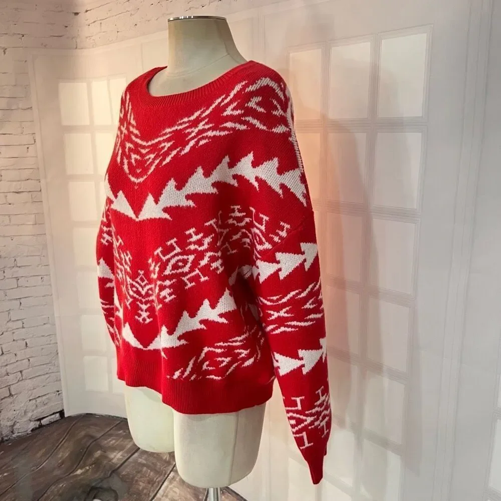 Express NWT Red White Aztec Crew Neck Cotton Blend Pullover Sweater Medium